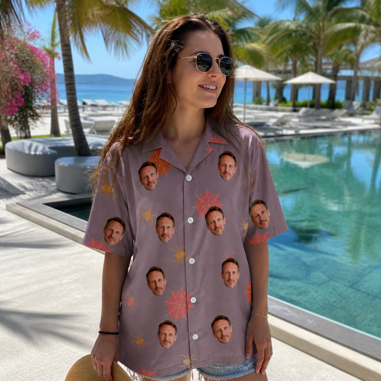 Real-life photo of someone wearing Women's Silken Scare Custom Face Hawaiian Shirt — custom faces printed all-over