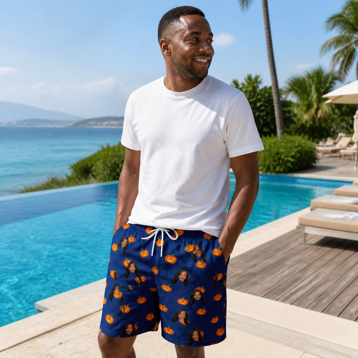 Real-life photo of someone wearing Men's Orange Oddities Custom Face Beach Shorts — custom faces printed all-over