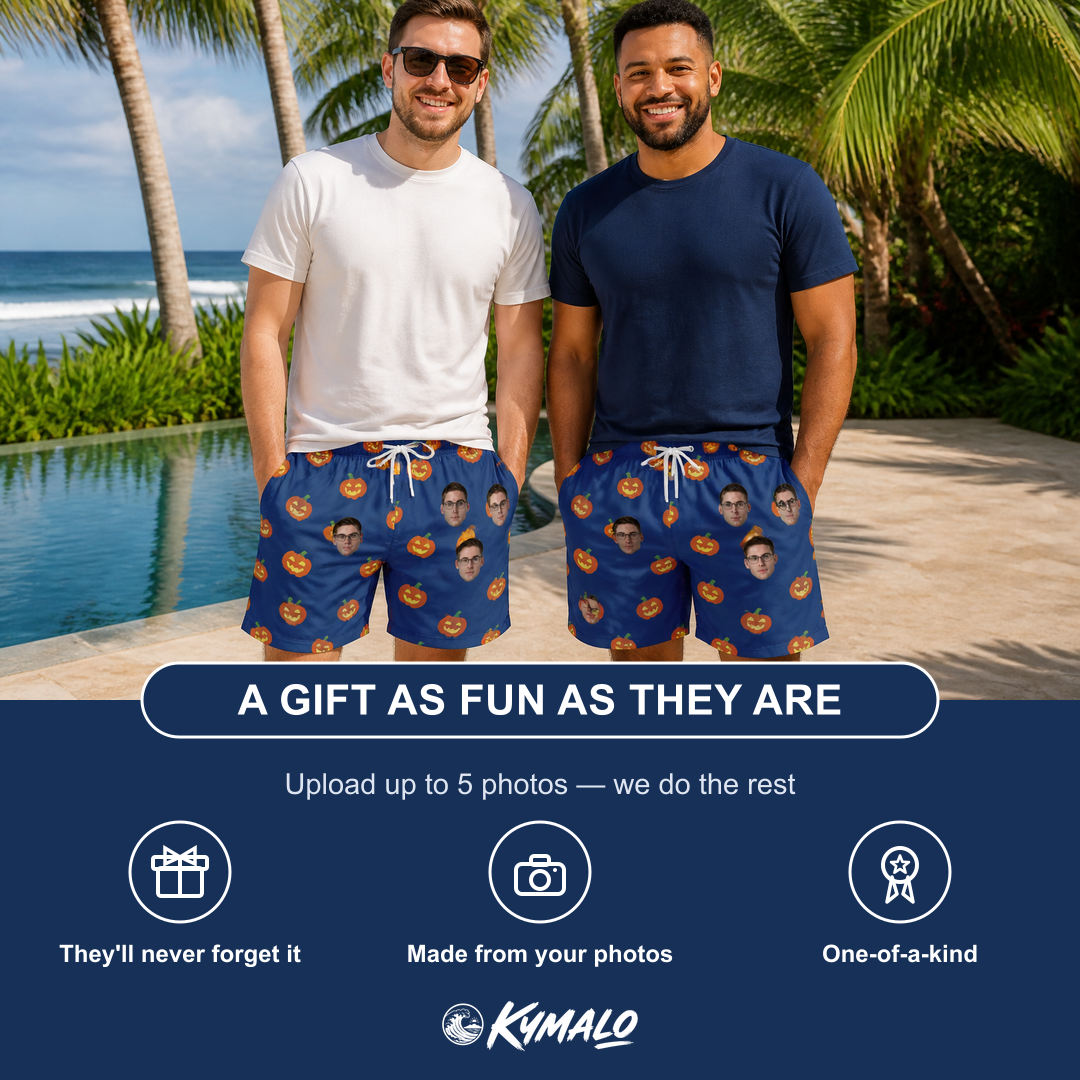 Friends in matching Men's Orange Oddities Custom Face Beach Shorts — a group gift photo