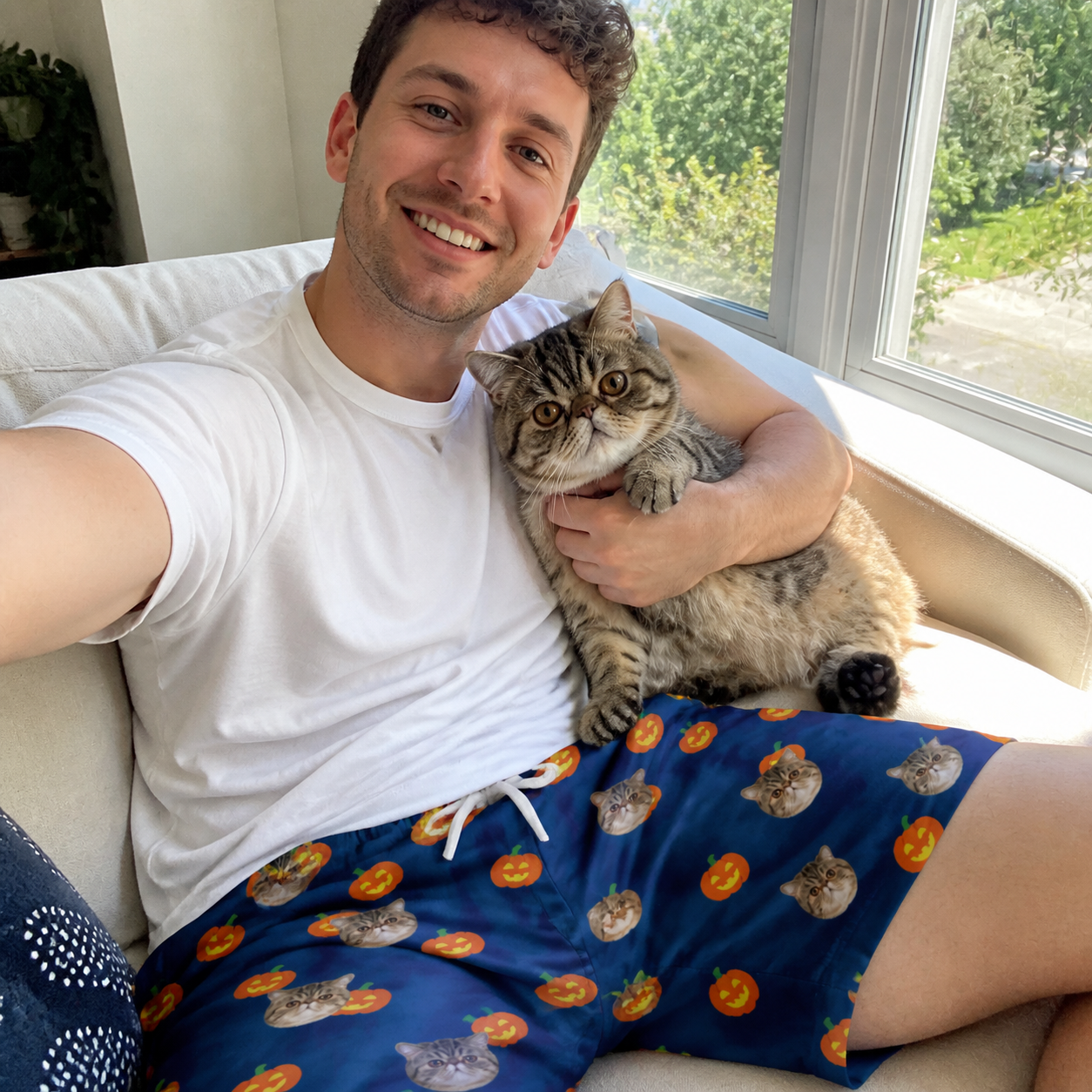 Selfie with the pet whose face is printed all over this Men's Orange Oddities Custom Cat Face Beach Shorts