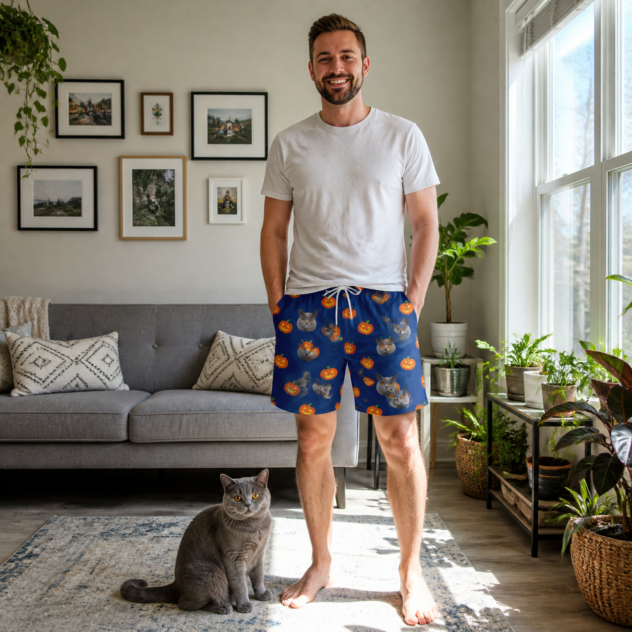Full-length photo with the pet printed all over this Men's Orange Oddities Custom Cat Face Beach Shorts