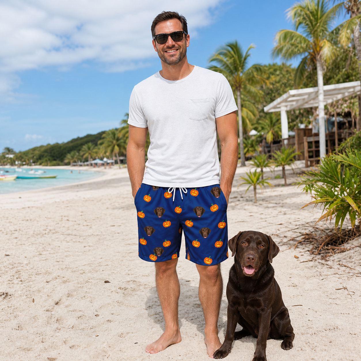 Full-length photo with the pet printed all over this Men's Orange Oddities Custom Dog Face Beach Shorts