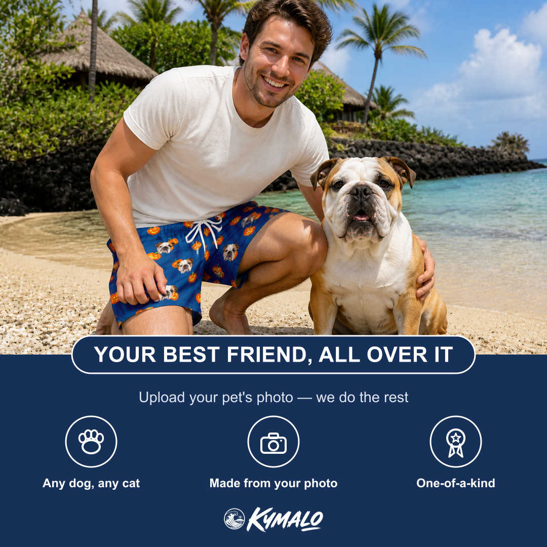 Friends in matching Men's Orange Oddities Custom Dog Face Beach Shorts — a group gift photo