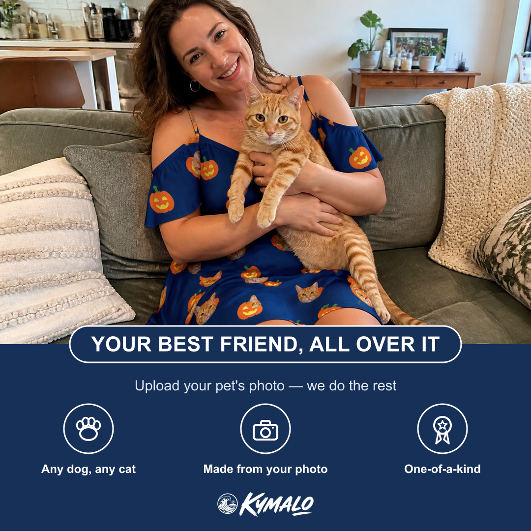 Friends in matching Women's Orange Oddities Custom Cat Face Off-Shoulder Dress — a group gift photo