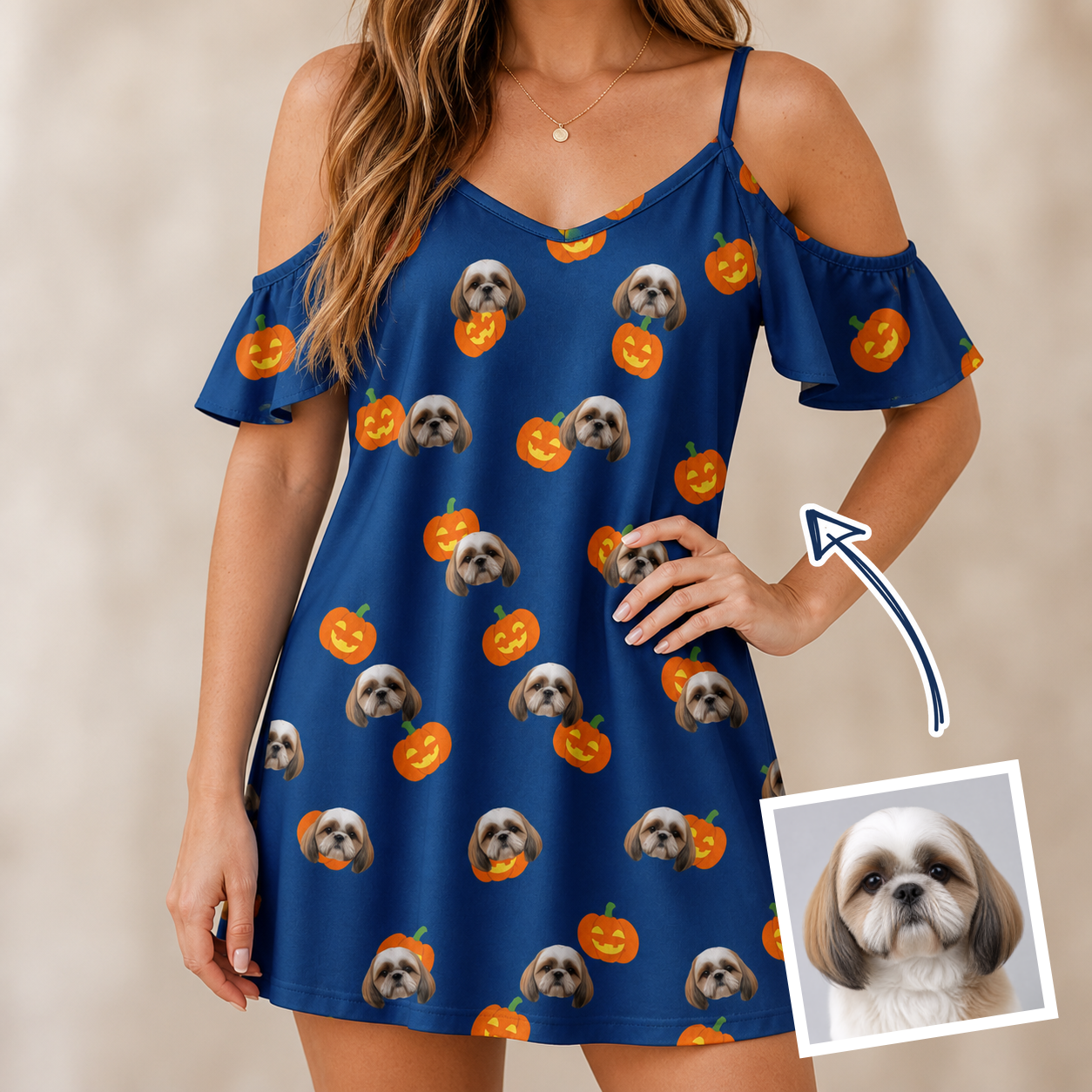 Woman wearing Women's Orange Oddities Custom Dog Face Off-Shoulder Dress — custom faces printed all-over