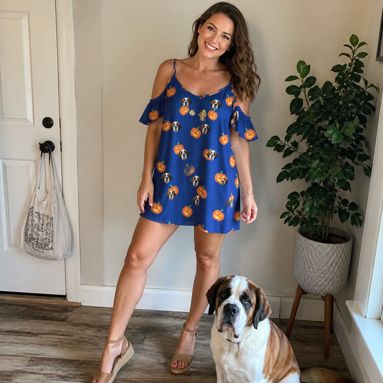 Full-length photo with the pet printed all over this Women's Orange Oddities Custom Dog Face Off-Shoulder Dress