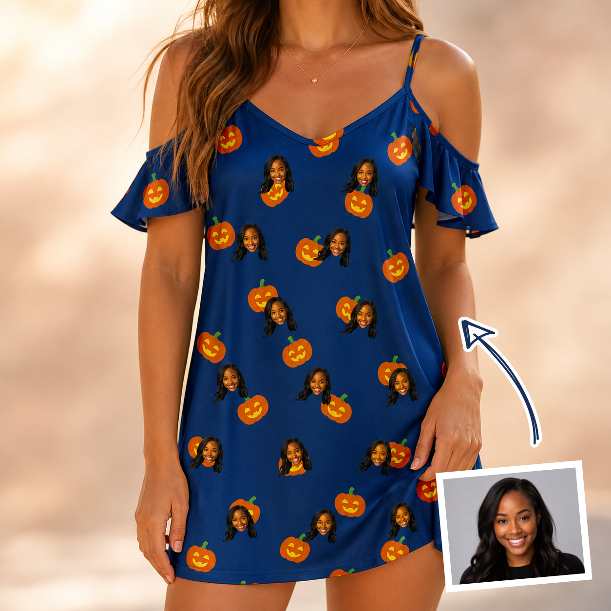 Woman wearing Women's Orange Oddities Custom Face Off-Shoulder Dress — custom faces printed all-over