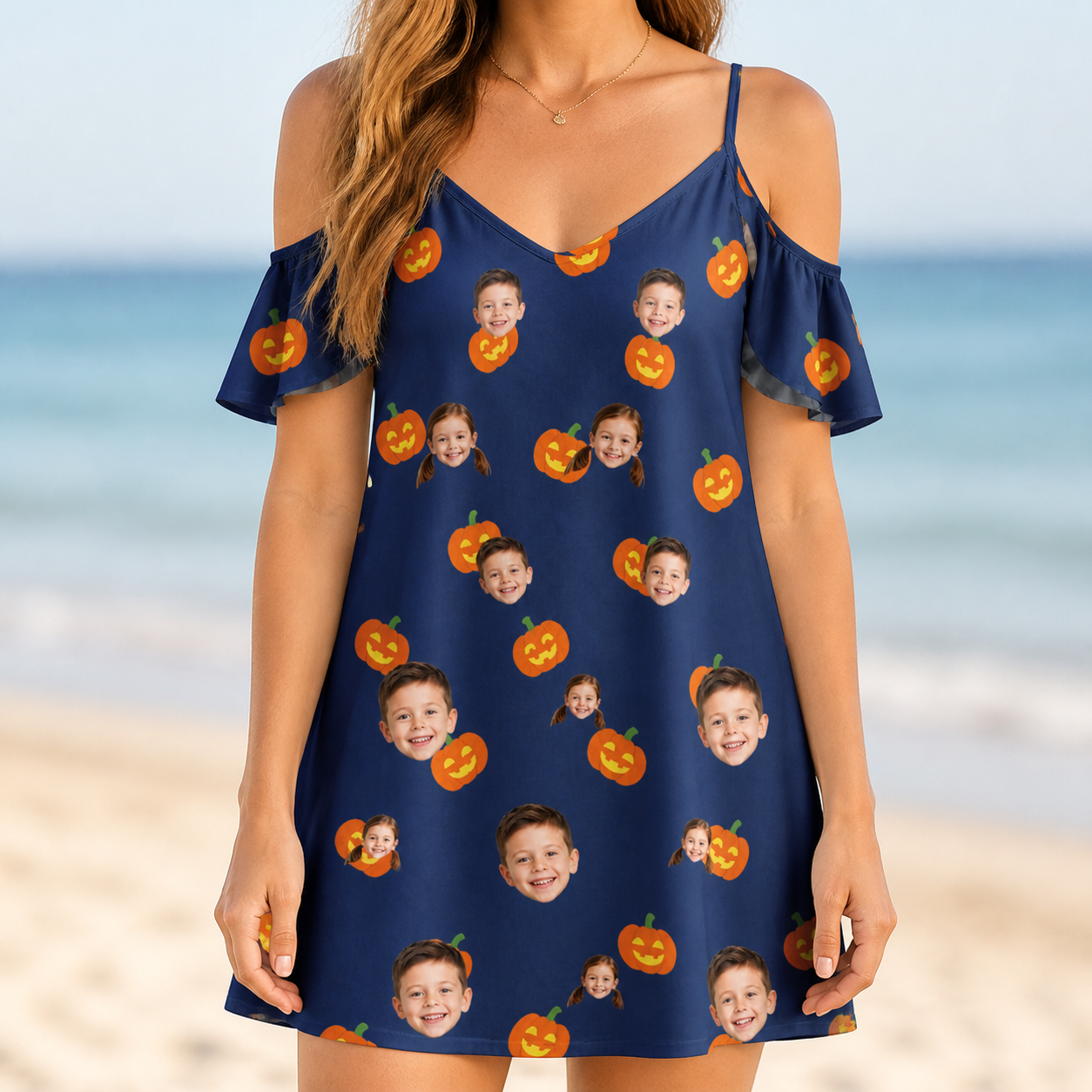 Model wearing Women's Orange Oddities Custom Face Off-Shoulder Dress printed with kids' faces