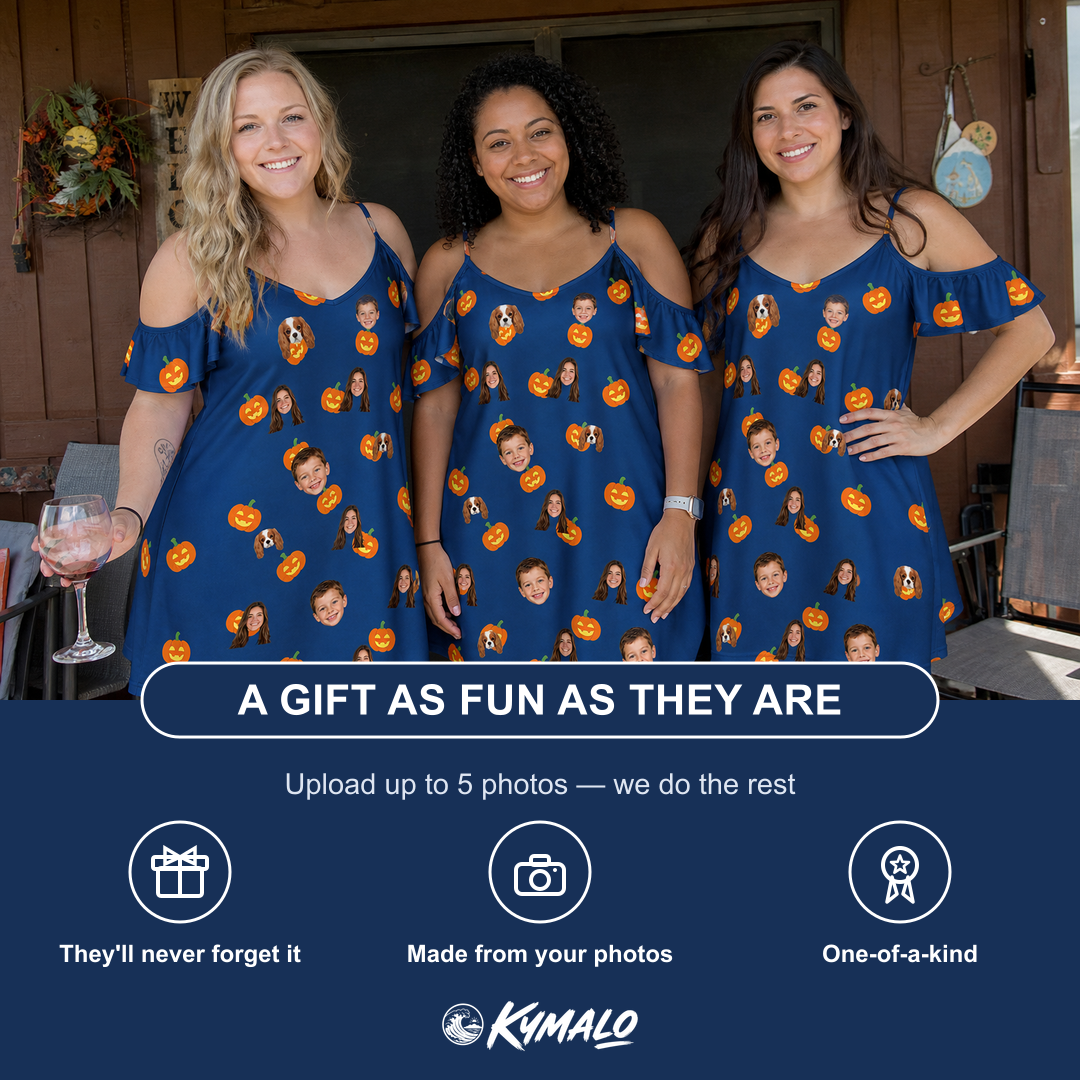 Friends in matching Women's Orange Oddities Custom Face Off-Shoulder Dress — a group gift photo