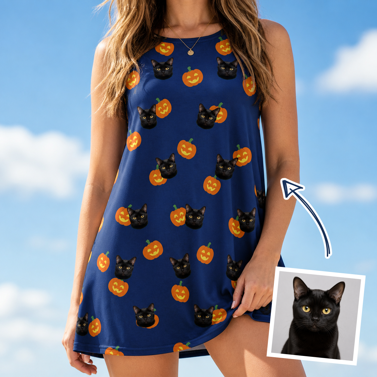 Woman wearing Women's Orange Oddities Custom Cat Face Tank Dress — custom faces printed all-over