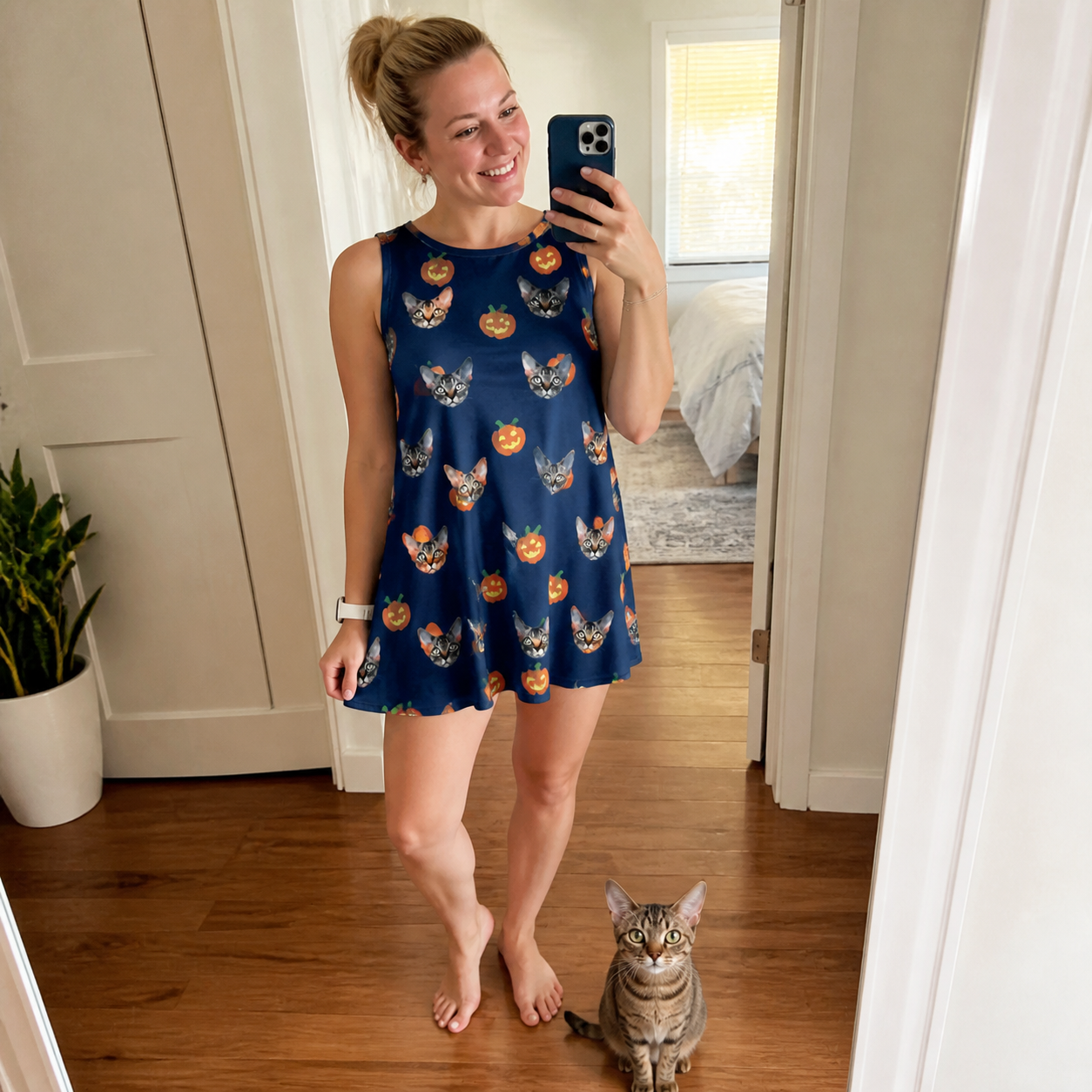 Full-length photo with the pet printed all over this Women's Orange Oddities Custom Cat Face Tank Dress