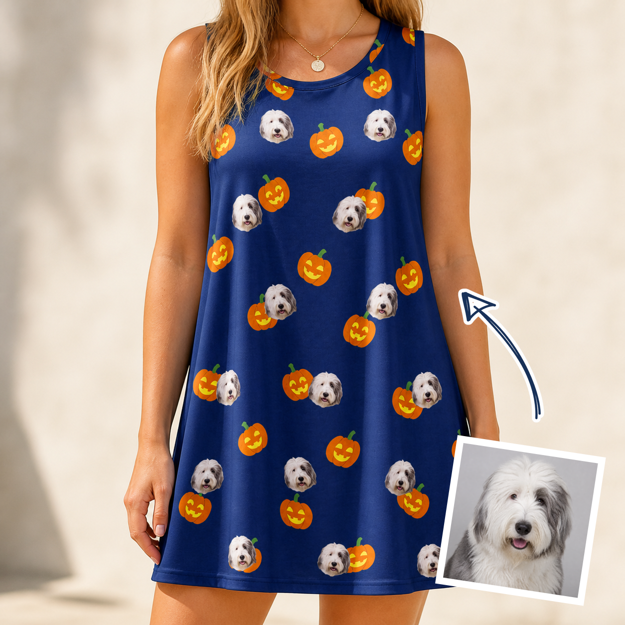 Woman wearing Women's Orange Oddities Custom Dog Face Tank Dress — custom faces printed all-over