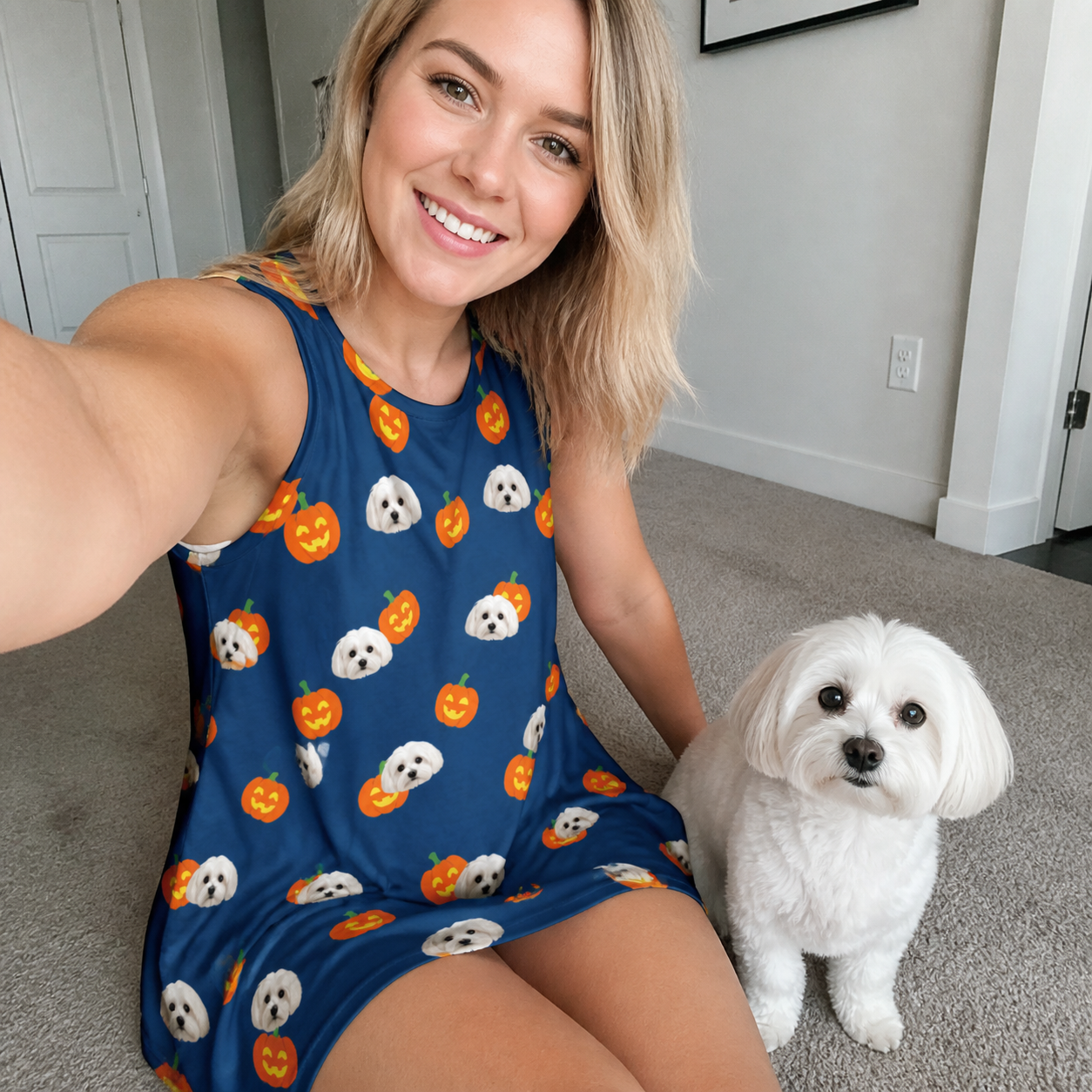 Selfie with the pet whose face is printed all over this Women's Orange Oddities Custom Dog Face Tank Dress