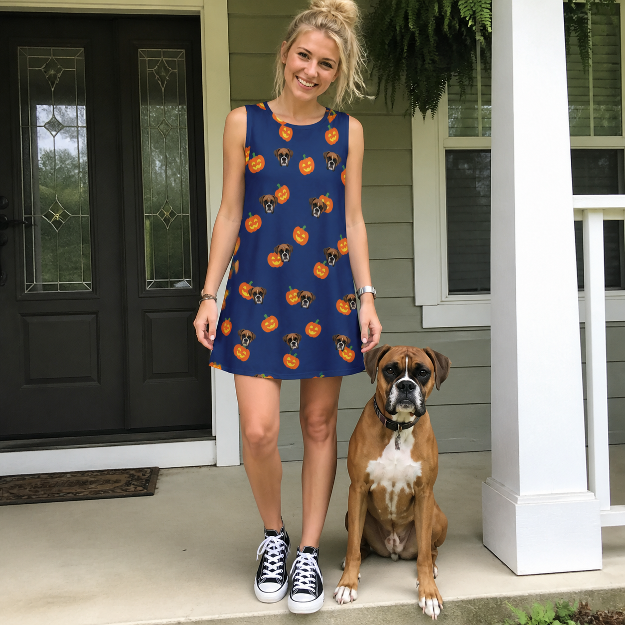 Full-length photo with the pet printed all over this Women's Orange Oddities Custom Dog Face Tank Dress
