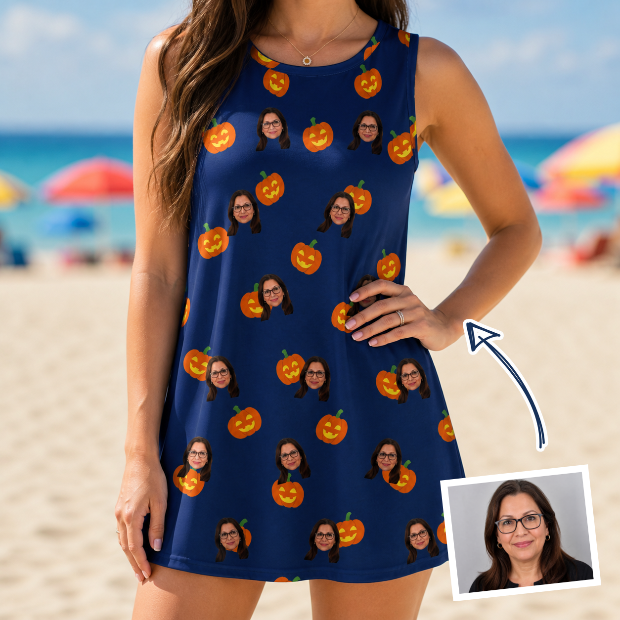 Woman wearing Women's Orange Oddities Custom Face Tank Dress — custom faces printed all-over