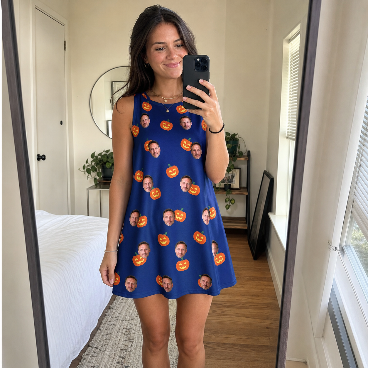 Real-life photo of someone wearing Women's Orange Oddities Custom Face Tank Dress — custom faces printed all-over