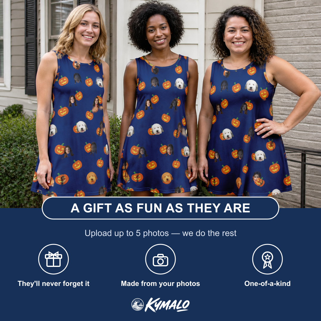 Friends in matching Women's Orange Oddities Custom Face Tank Dress — a group gift photo