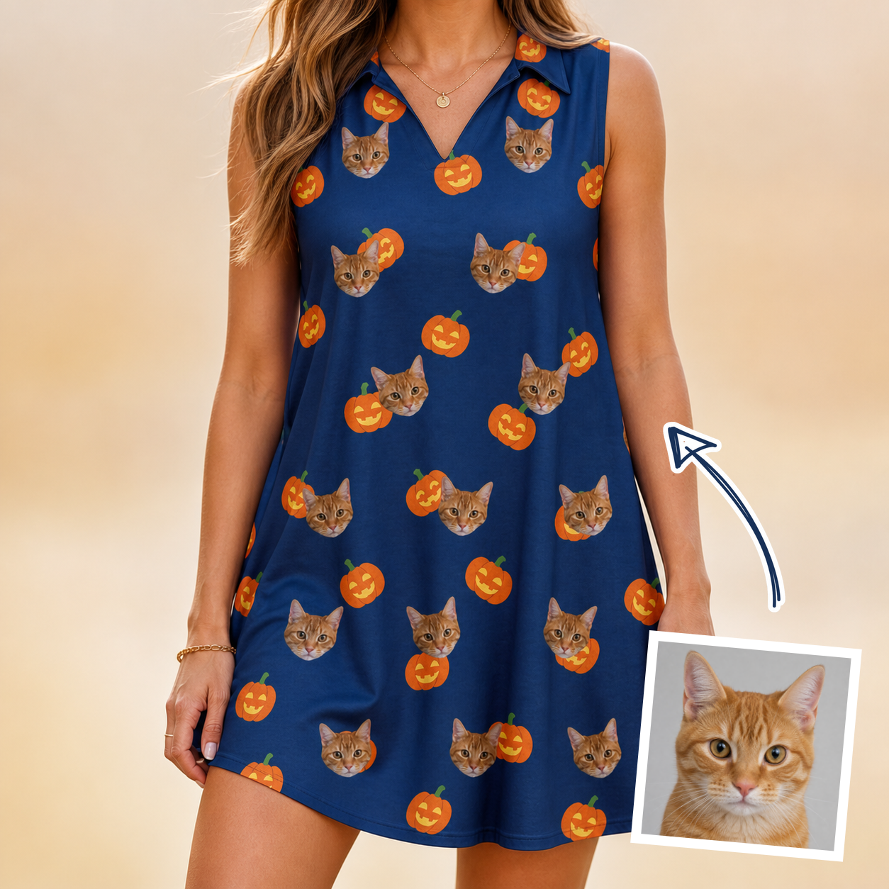 Woman wearing Women's Orange Oddities Custom Cat Face V-Neck Dress — custom faces printed all-over