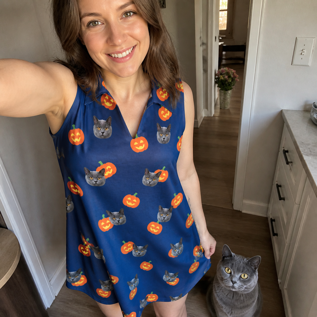 Selfie with the pet whose face is printed all over this Women's Orange Oddities Custom Cat Face V-Neck Dress