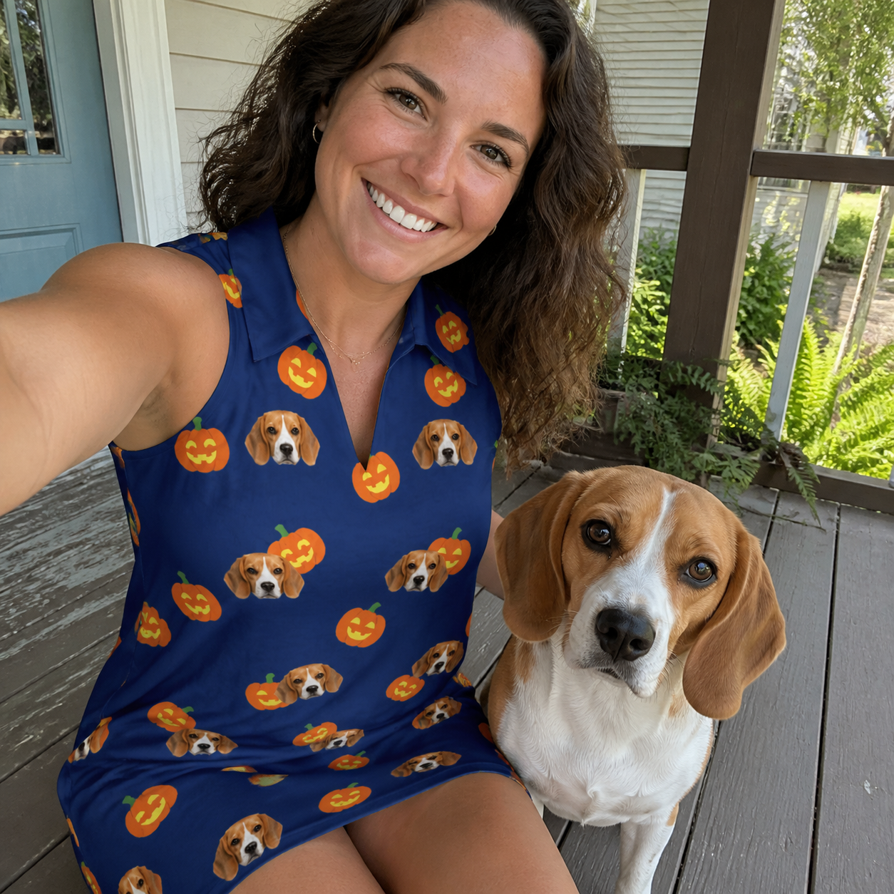 Selfie with the pet whose face is printed all over this Women's Orange Oddities Custom Dog Face V-Neck Dress