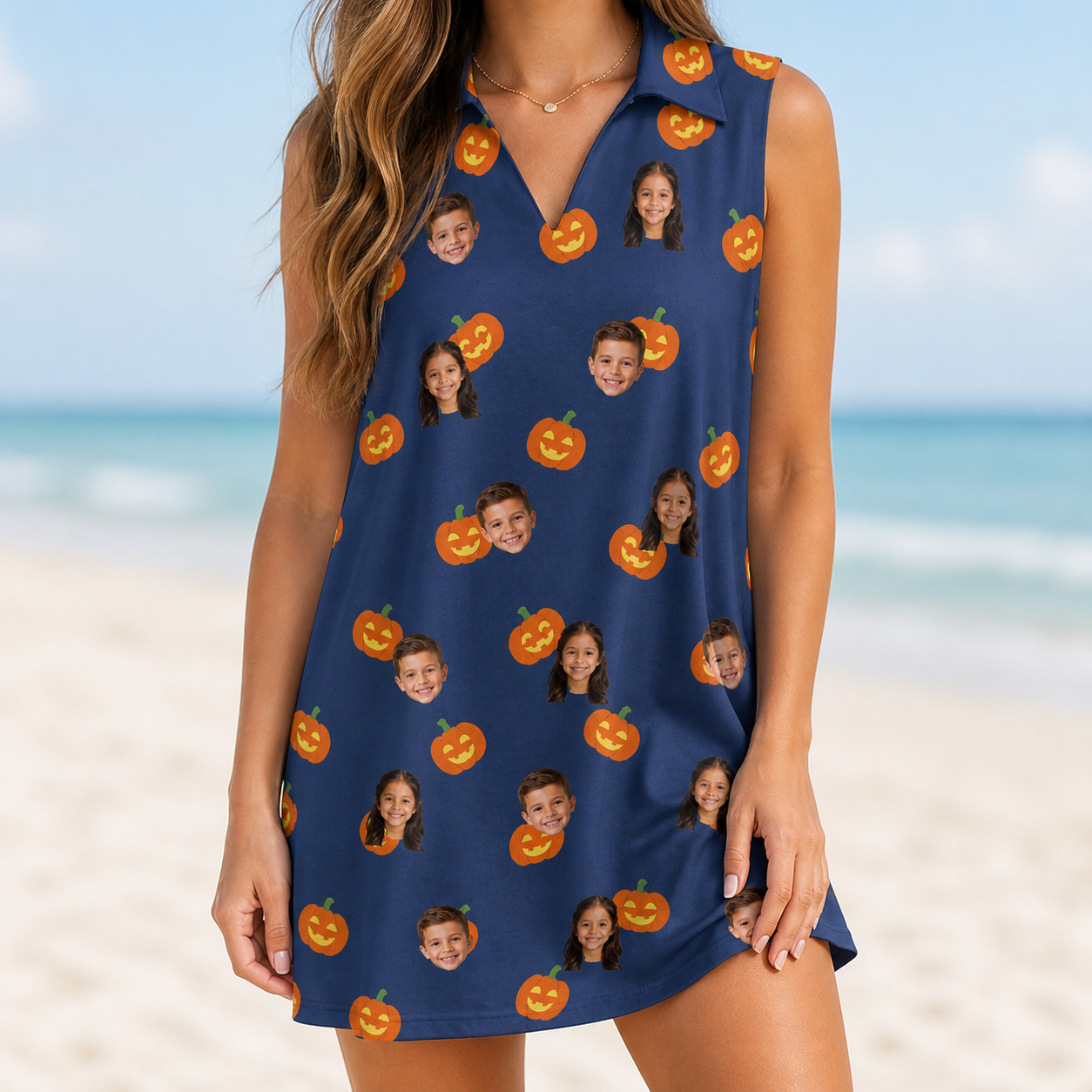 Model wearing Women's Orange Oddities Custom Face V-Neck Dress printed with kids' faces