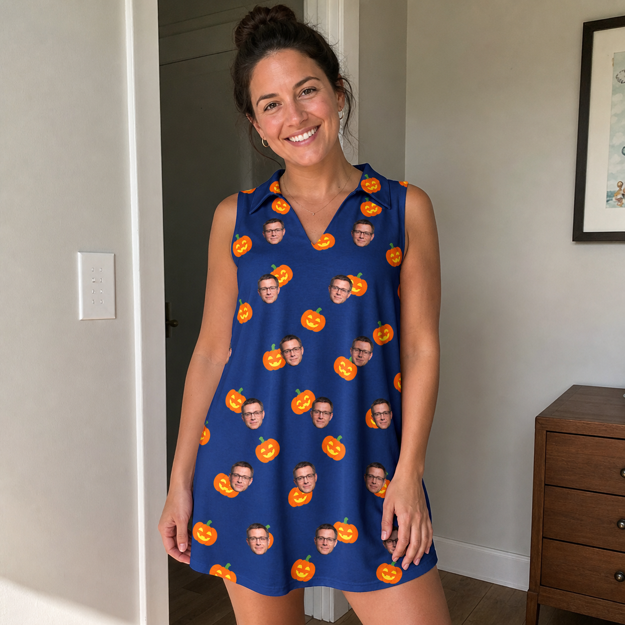 Real-life photo of someone wearing Women's Orange Oddities Custom Face V-Neck Dress — custom faces printed all-over