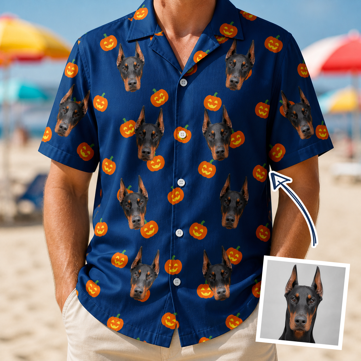 Man wearing Men's Orange Oddities Custom Dog Face Hawaiian Shirt — custom faces printed all-over