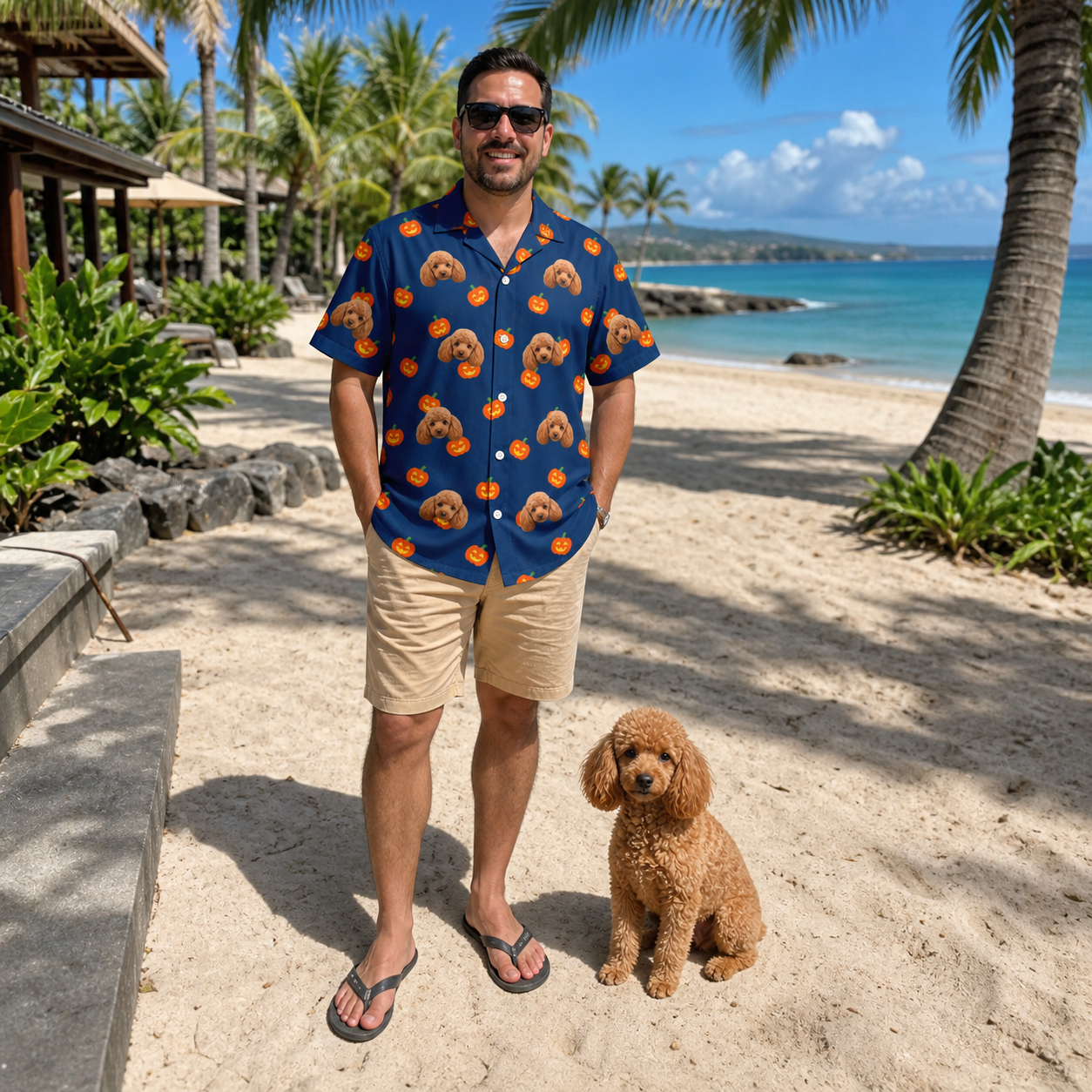 Full-length photo with the pet printed all over this Men's Orange Oddities Custom Dog Face Hawaiian Shirt