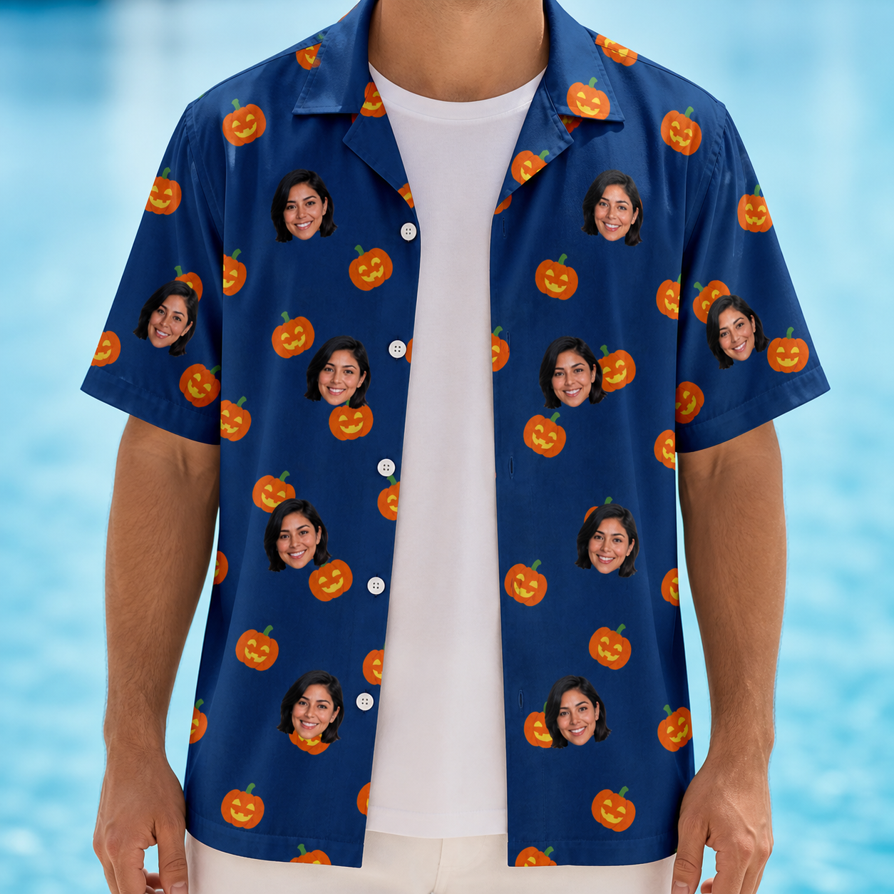 Man wearing Men's Orange Oddities Custom Face Hawaiian Shirt open over a white tee