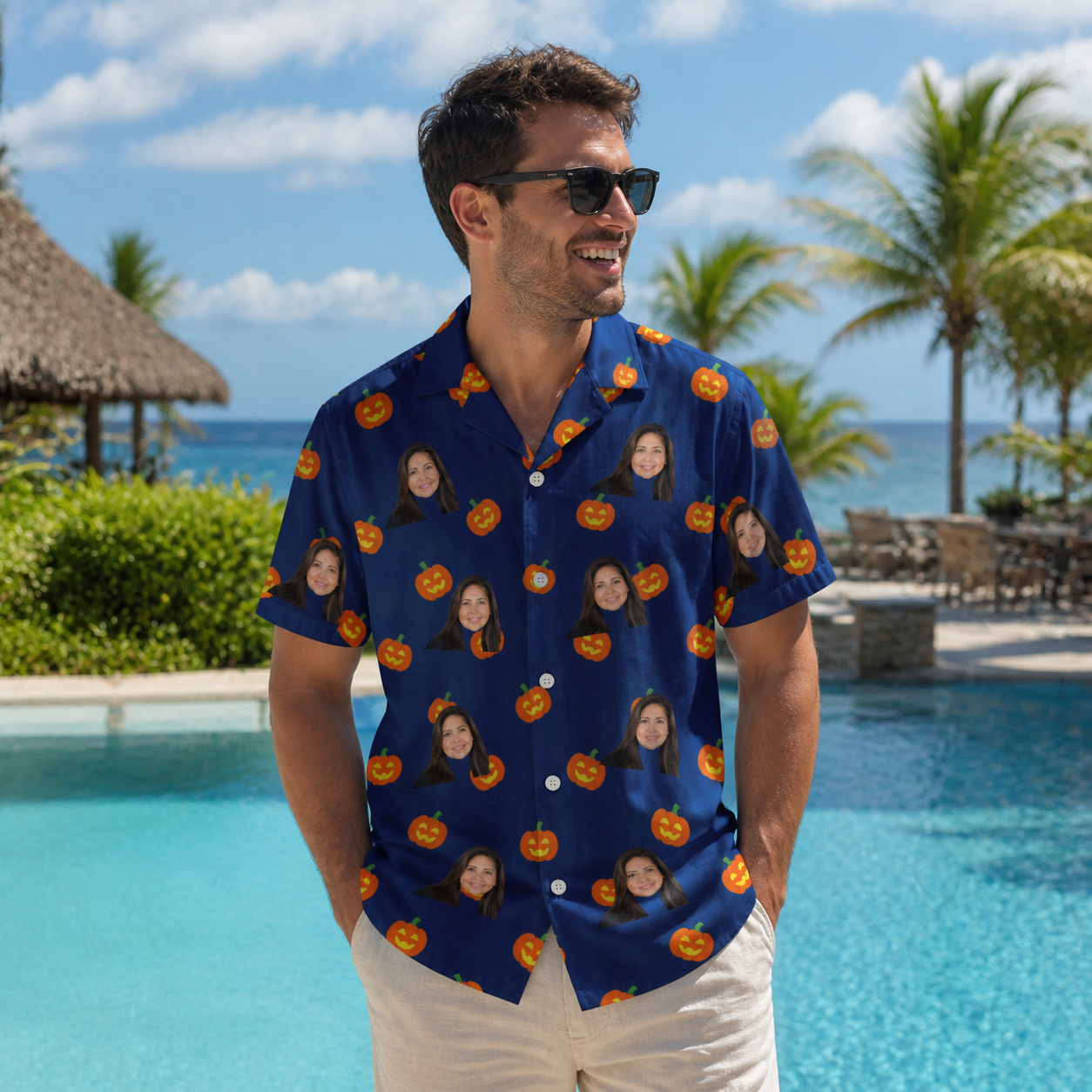 Real-life photo of someone wearing Men's Orange Oddities Custom Face Hawaiian Shirt — custom faces printed all-over