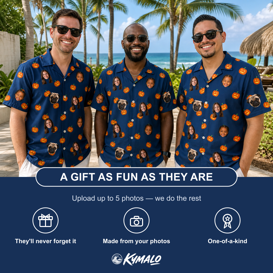 Friends in matching Men's Orange Oddities Custom Face Hawaiian Shirt — a group gift photo