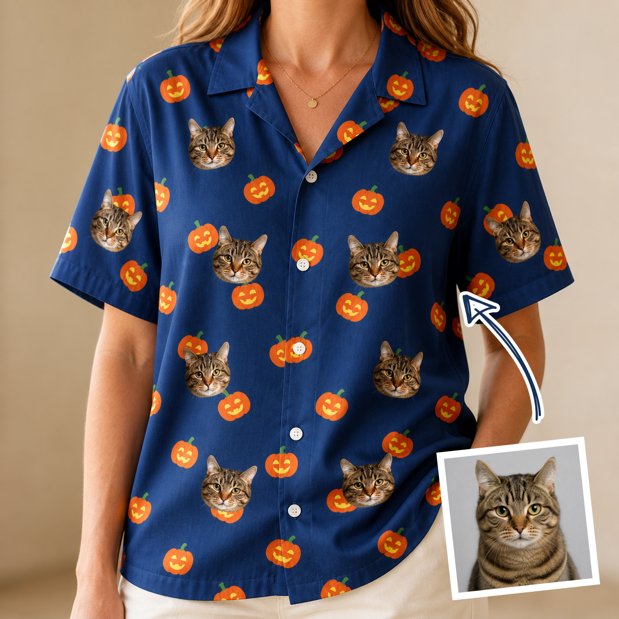 Woman wearing Women's Orange Oddities Custom Cat Face Hawaiian Shirt — custom faces printed all-over