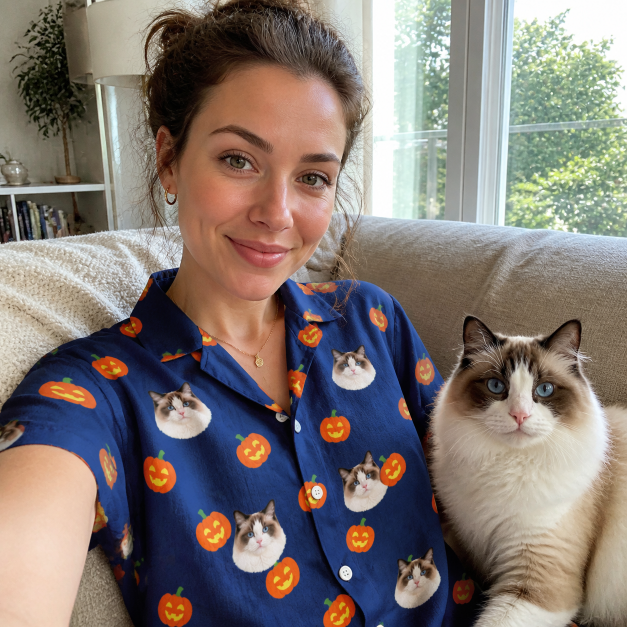 Selfie with the pet whose face is printed all over this Women's Orange Oddities Custom Cat Face Hawaiian Shirt