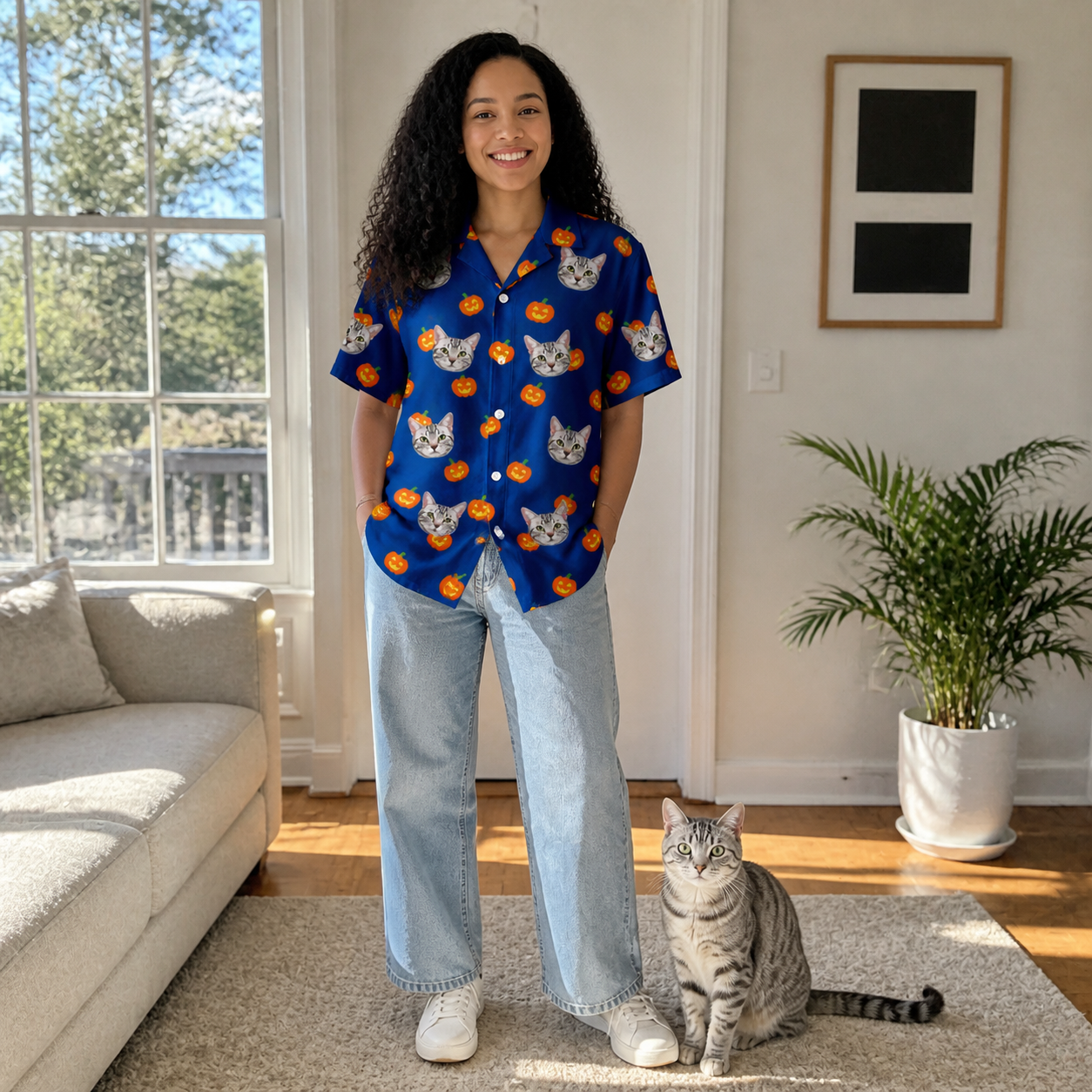 Full-length photo with the pet printed all over this Women's Orange Oddities Custom Cat Face Hawaiian Shirt
