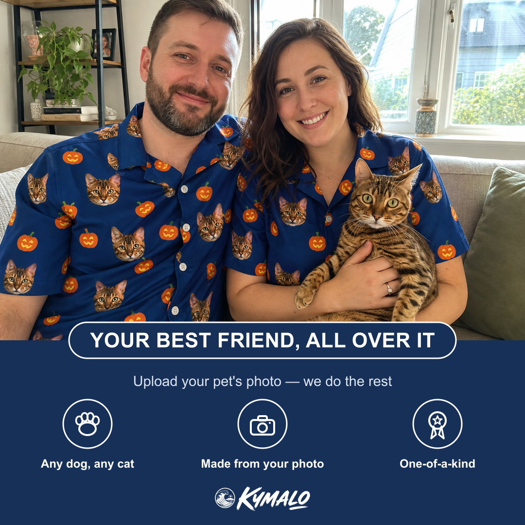 Friends in matching Women's Orange Oddities Custom Cat Face Hawaiian Shirt — a group gift photo
