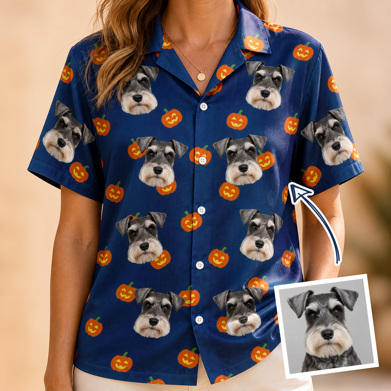 Woman wearing Women's Orange Oddities Custom Dog Face Hawaiian Shirt — custom faces printed all-over