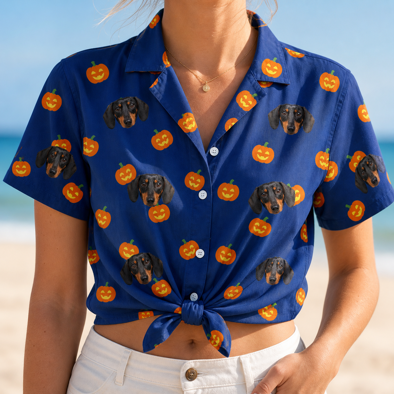 Woman wearing Women's Orange Oddities Custom Dog Face Hawaiian Shirt tied at the waist