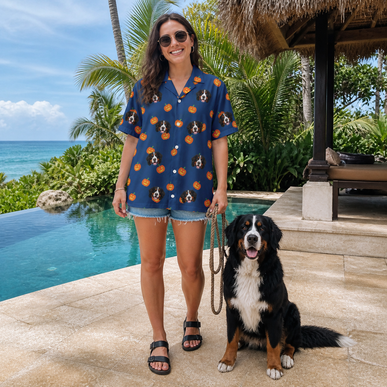 Full-length photo with the pet printed all over this Women's Orange Oddities Custom Dog Face Hawaiian Shirt