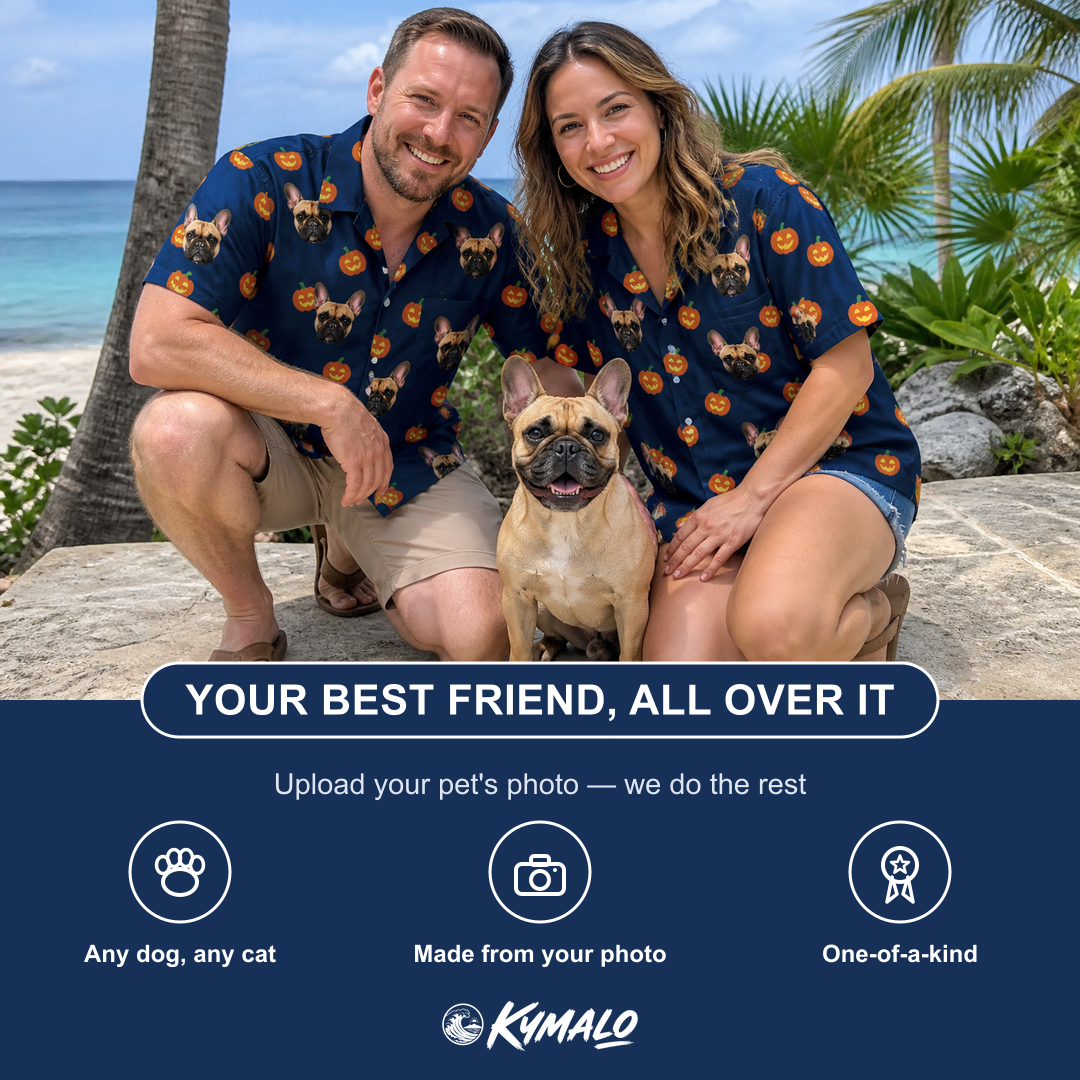Friends in matching Women's Orange Oddities Custom Dog Face Hawaiian Shirt — a group gift photo
