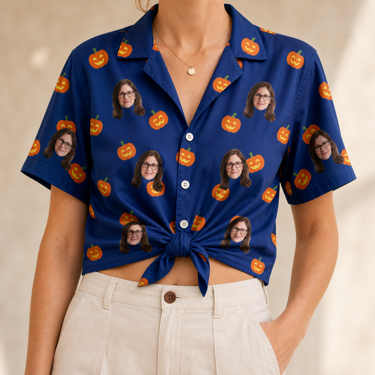 Woman wearing Women's Orange Oddities Custom Face Hawaiian Shirt tied at the waist