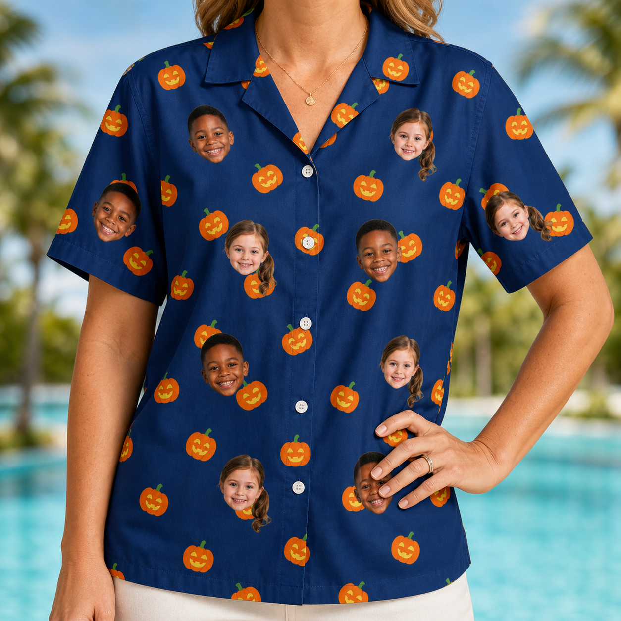 Model wearing Women's Orange Oddities Custom Face Hawaiian Shirt printed with kids' faces