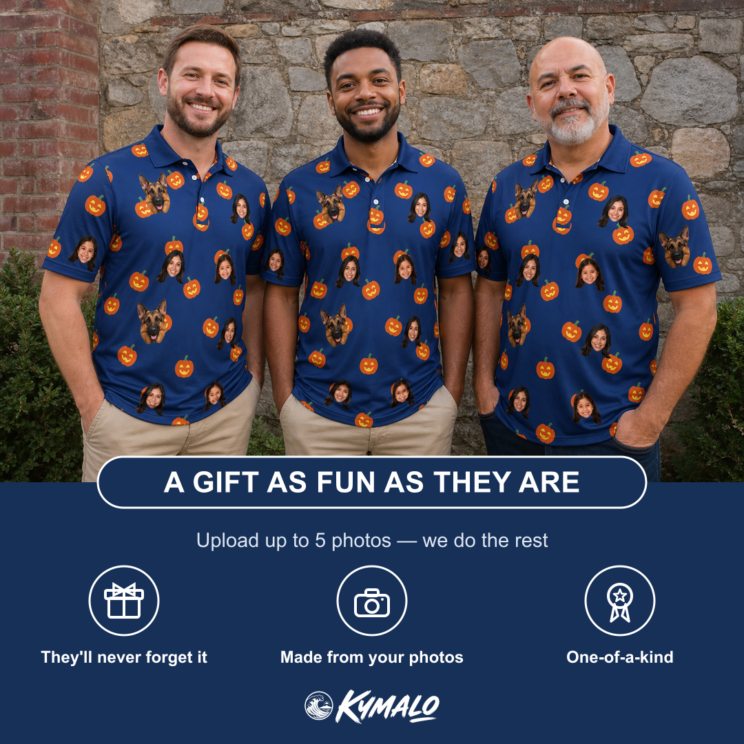 Friends in matching Men's Orange Oddities Custom Face Polo Shirt — a group gift photo