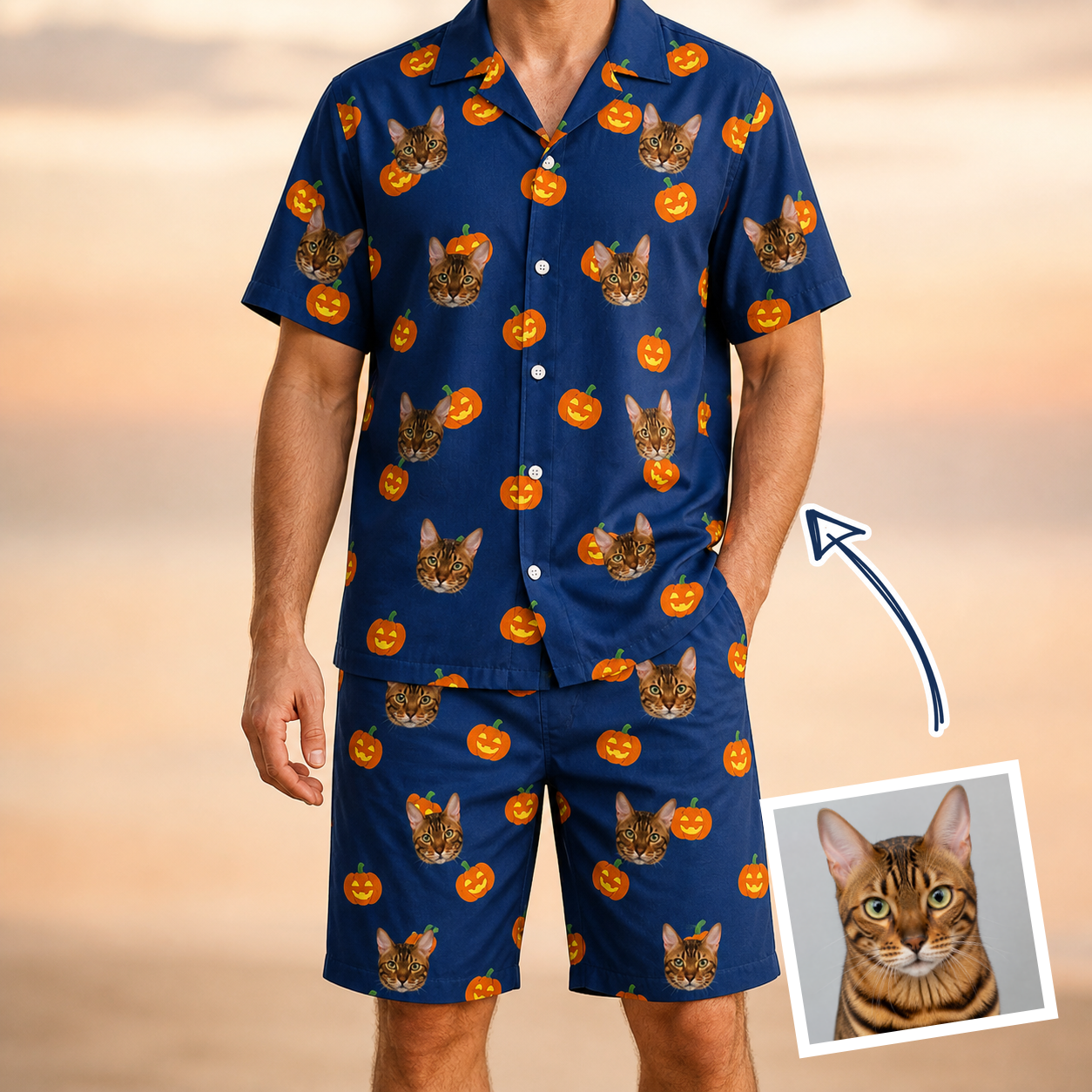 Man wearing Men's Orange Oddities Custom Cat Face Shirt & Shorts Set — custom faces printed all-over