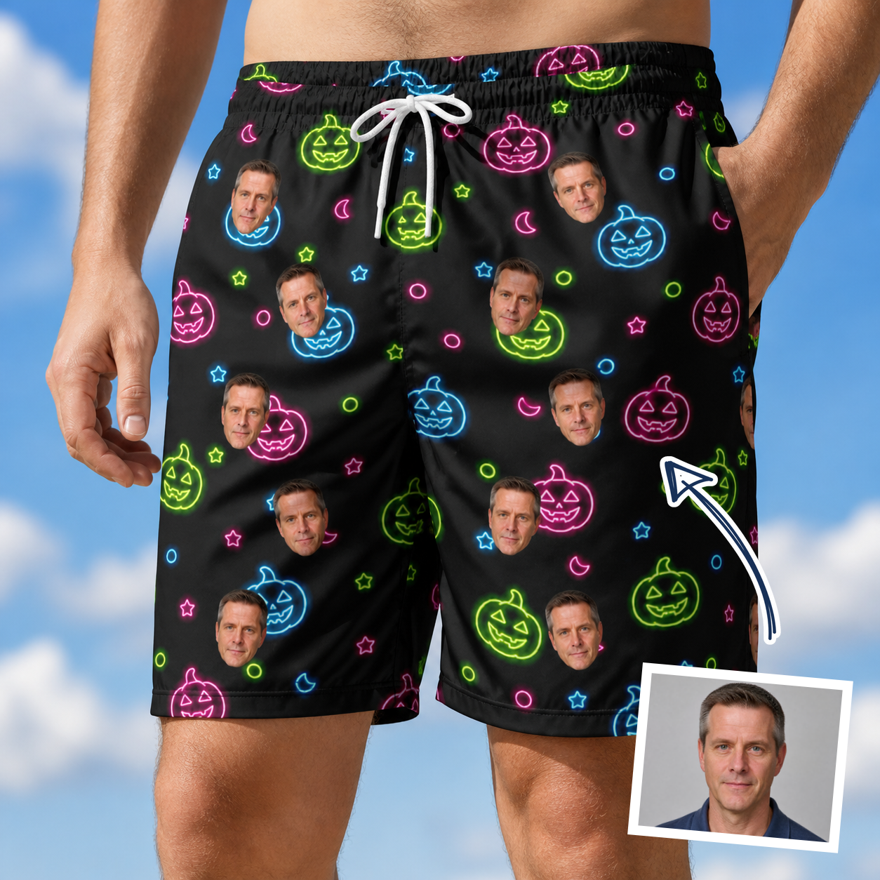 Man wearing Men's Lantern Lunacy Custom Face Beach Shorts — custom faces printed all-over