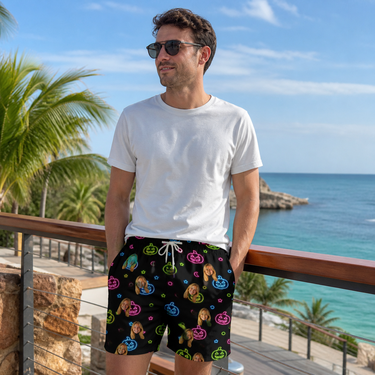 Real-life photo of someone wearing Men's Lantern Lunacy Custom Face Beach Shorts — custom faces printed all-over