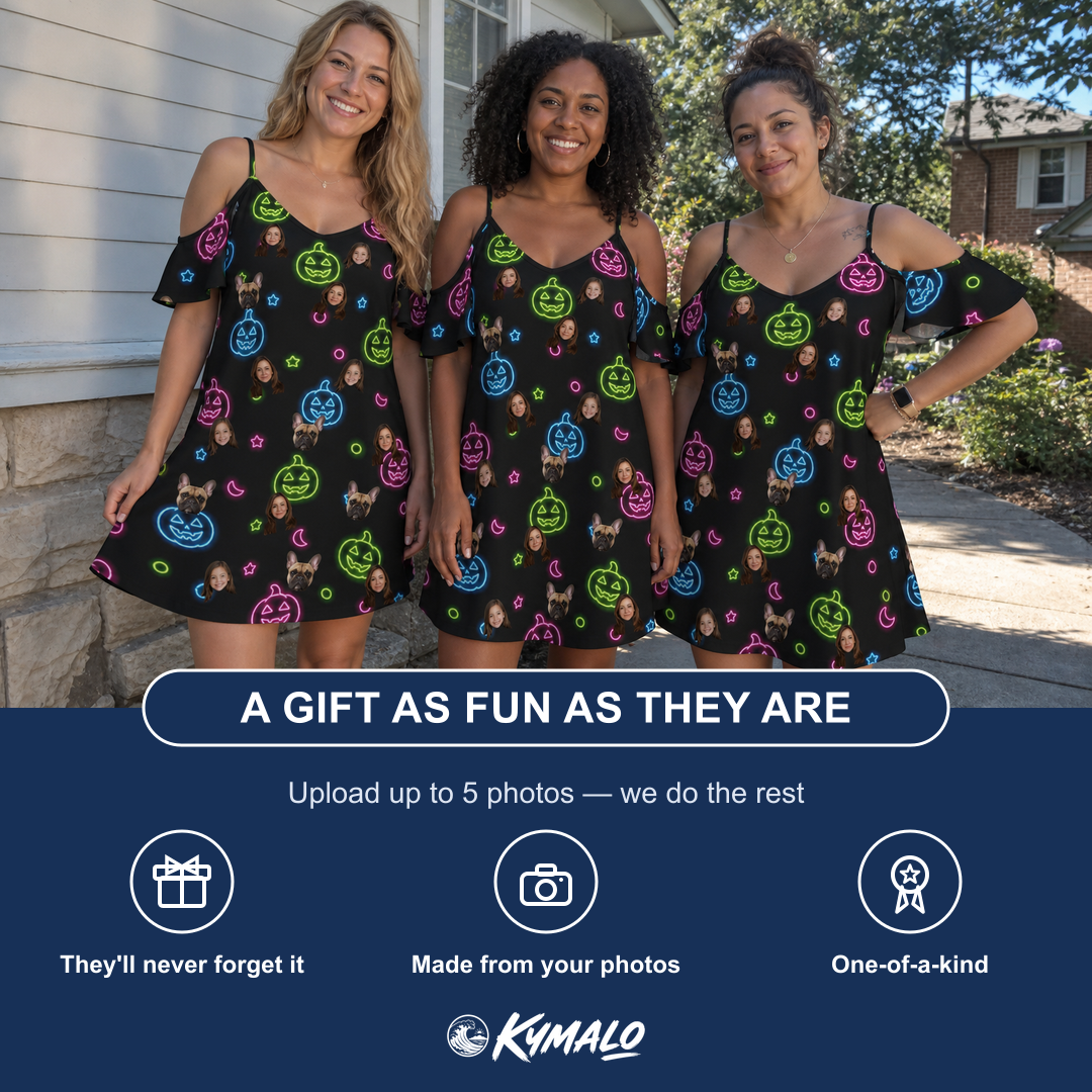 Friends in matching Women's Lantern Lunacy Custom Face Off-Shoulder Dress — a group gift photo