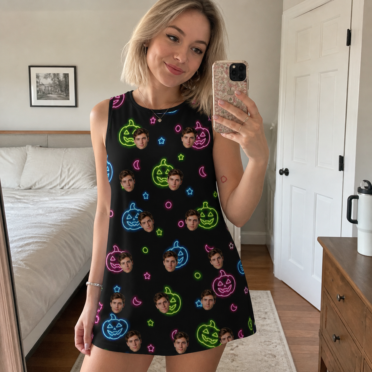 Real-life photo of someone wearing Women's Lantern Lunacy Custom Face Tank Dress — custom faces printed all-over
