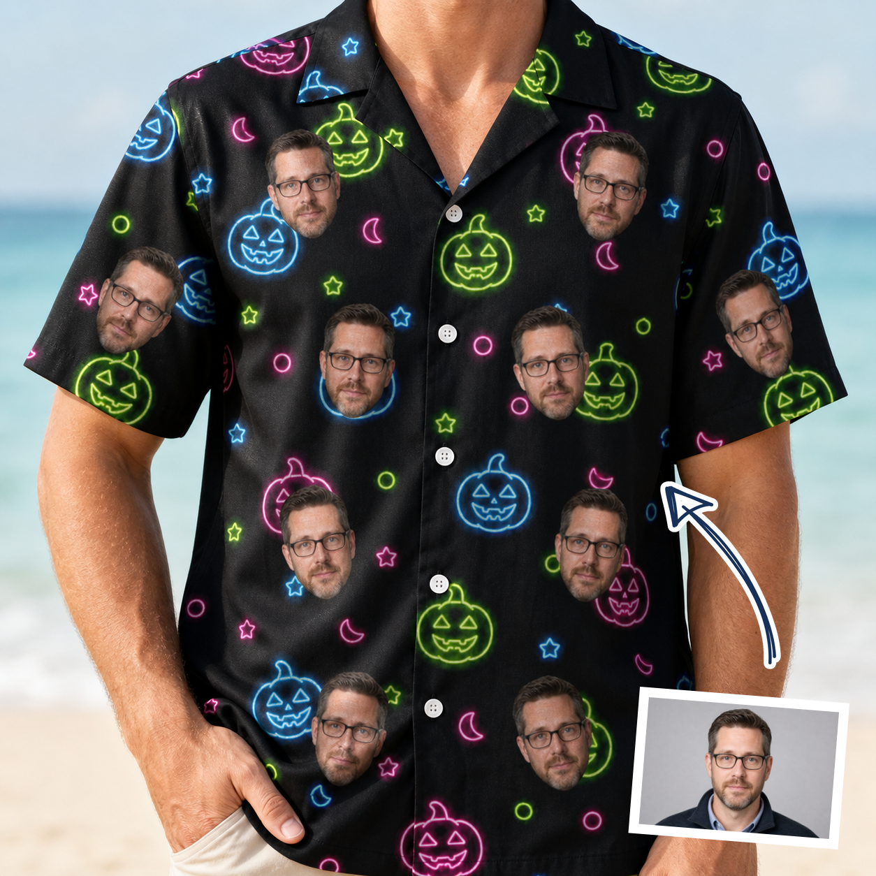 Man wearing Men's Lantern Lunacy Custom Face Hawaiian Shirt — custom faces printed all-over