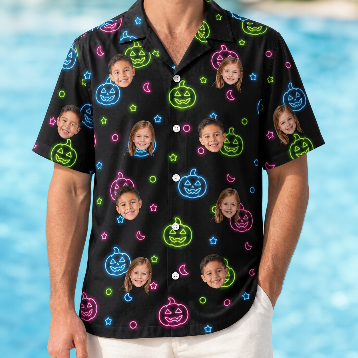 Model wearing Men's Lantern Lunacy Custom Face Hawaiian Shirt printed with kids' faces