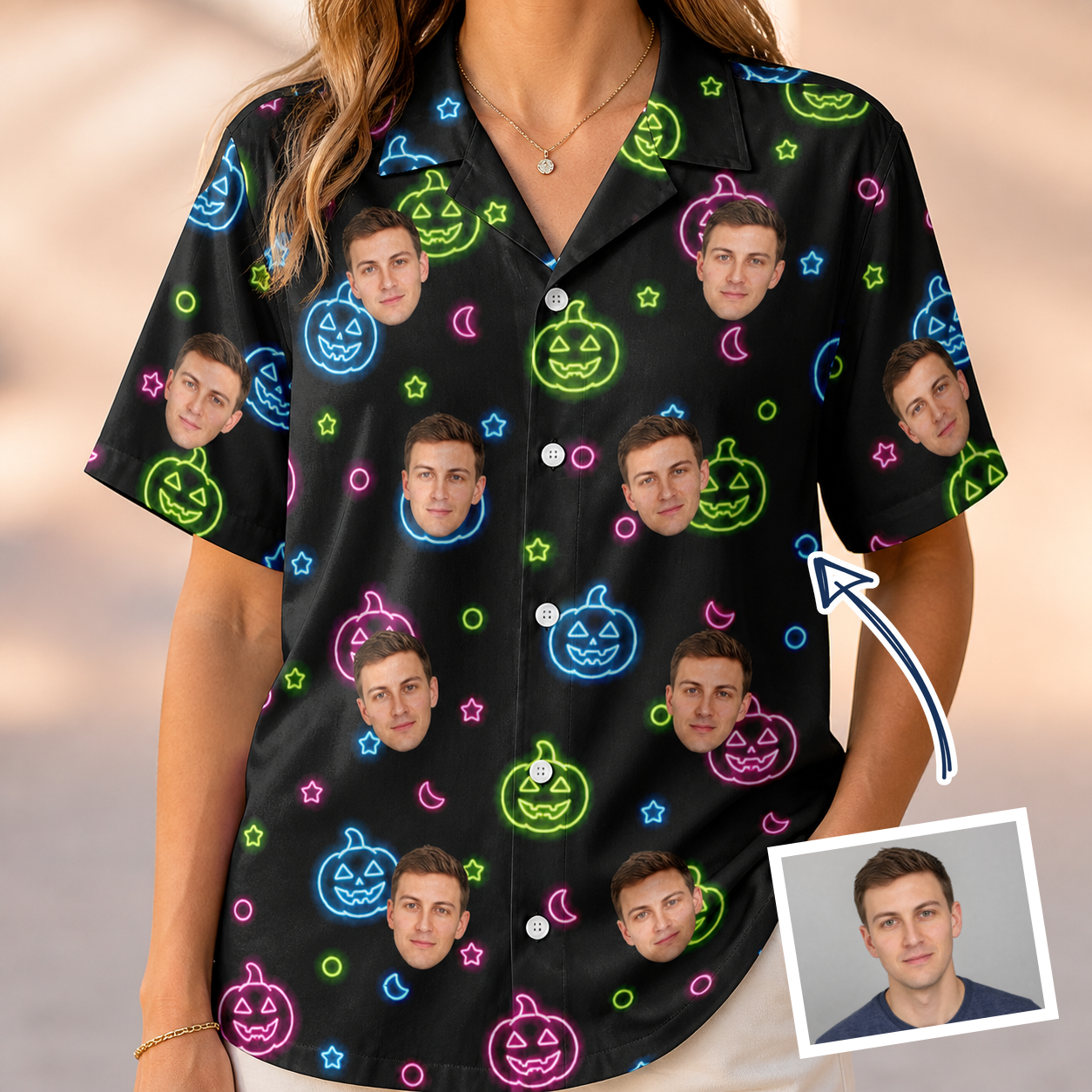 Woman wearing Women's Lantern Lunacy Custom Face Hawaiian Shirt — custom faces printed all-over